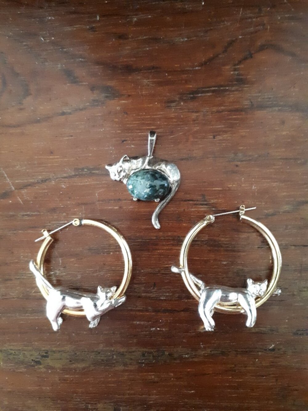Cat Earrings and Sterling Silver Cat Pendant with natural stone (Stamped STER).